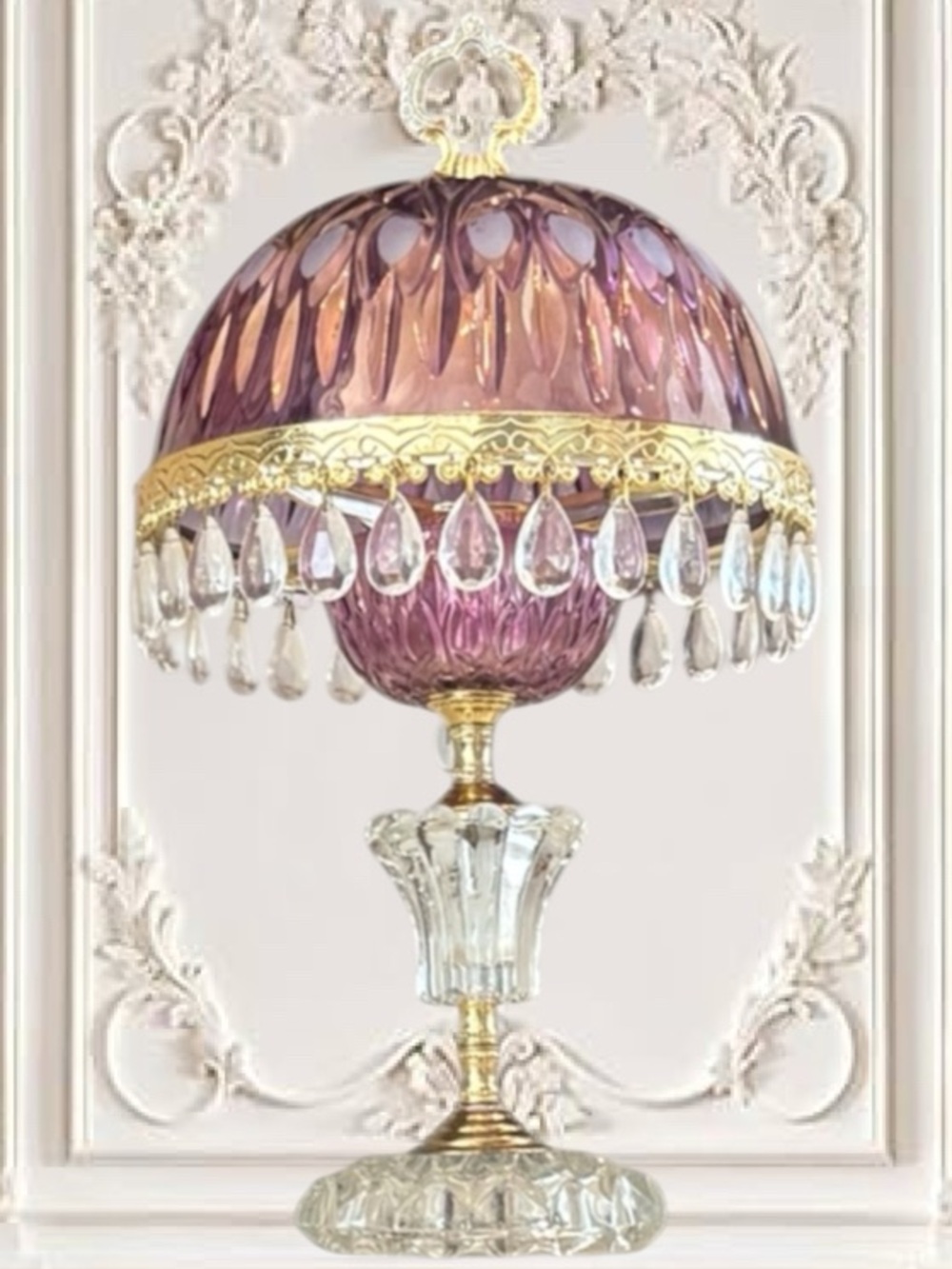 Michelotti Vintage French Boudoir Victorian Parlor Lamp Tiered Crystal Pink Gold